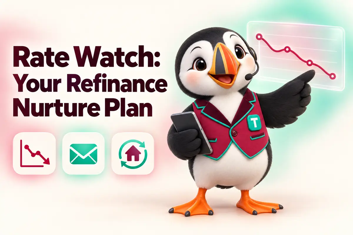 Blog cover: Rate Watch: Your Refinance Nurture Plan, with Tolly the puffin pointing at a falling line chart