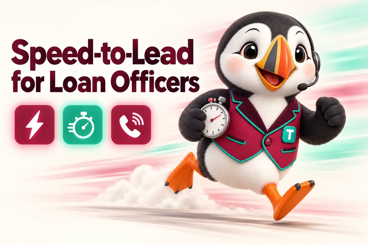 Blog cover: Speed-to-Lead for Loan Officers, with Tolly the puffin sprinting with a stopwatch
