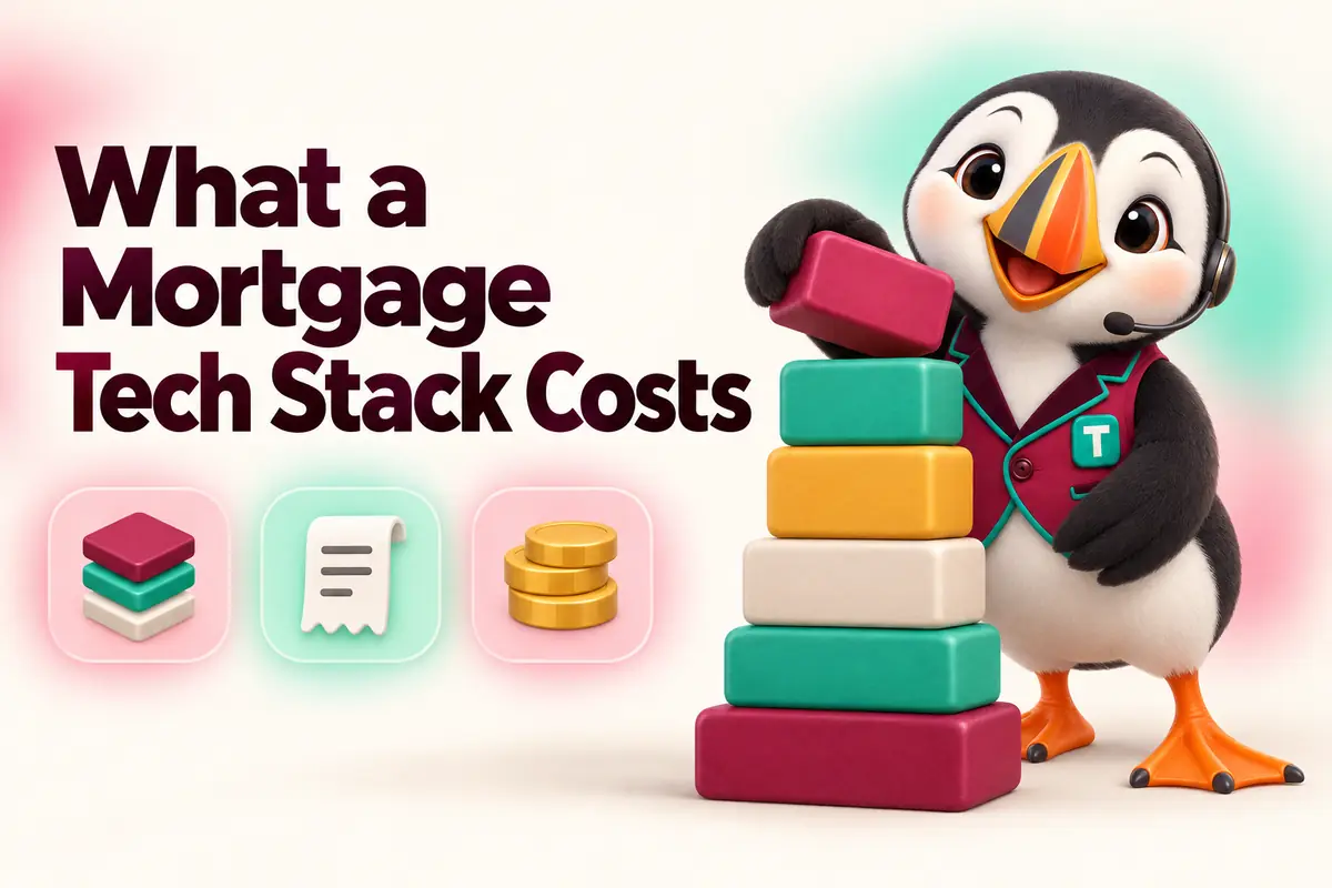 Blog cover: What a Mortgage Tech Stack Costs, with Tolly the puffin stacking blocks