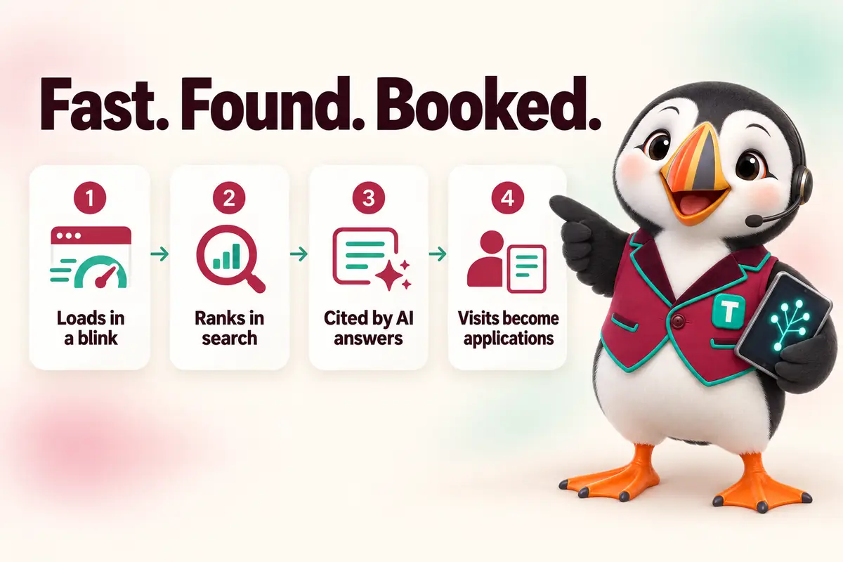 Fast. Found. Booked.: Loads in a blink, Ranks in search, Cited by AI answers, Visits become applications. Infographic with Tolly the puffin.