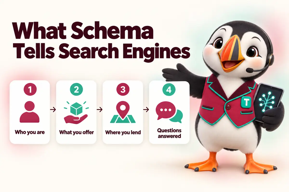 What Schema Tells Search Engines: Who you are, What you offer, Where you lend, Questions answered. Infographic with Tolly the puffin.