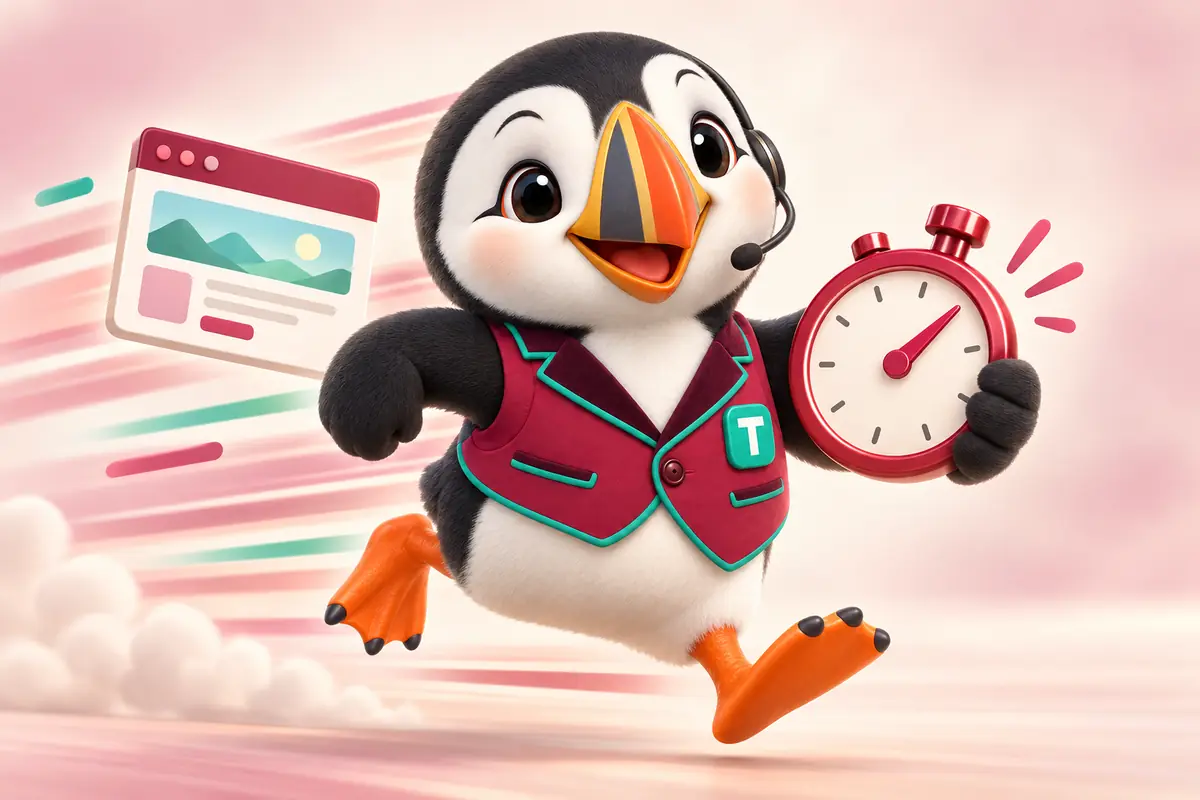 Tolly sprinting with a stopwatch while a website window flies alongside