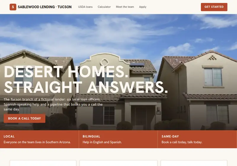 Screenshot of the Sablewood Lending · Tucson sample site, a fictional lender
