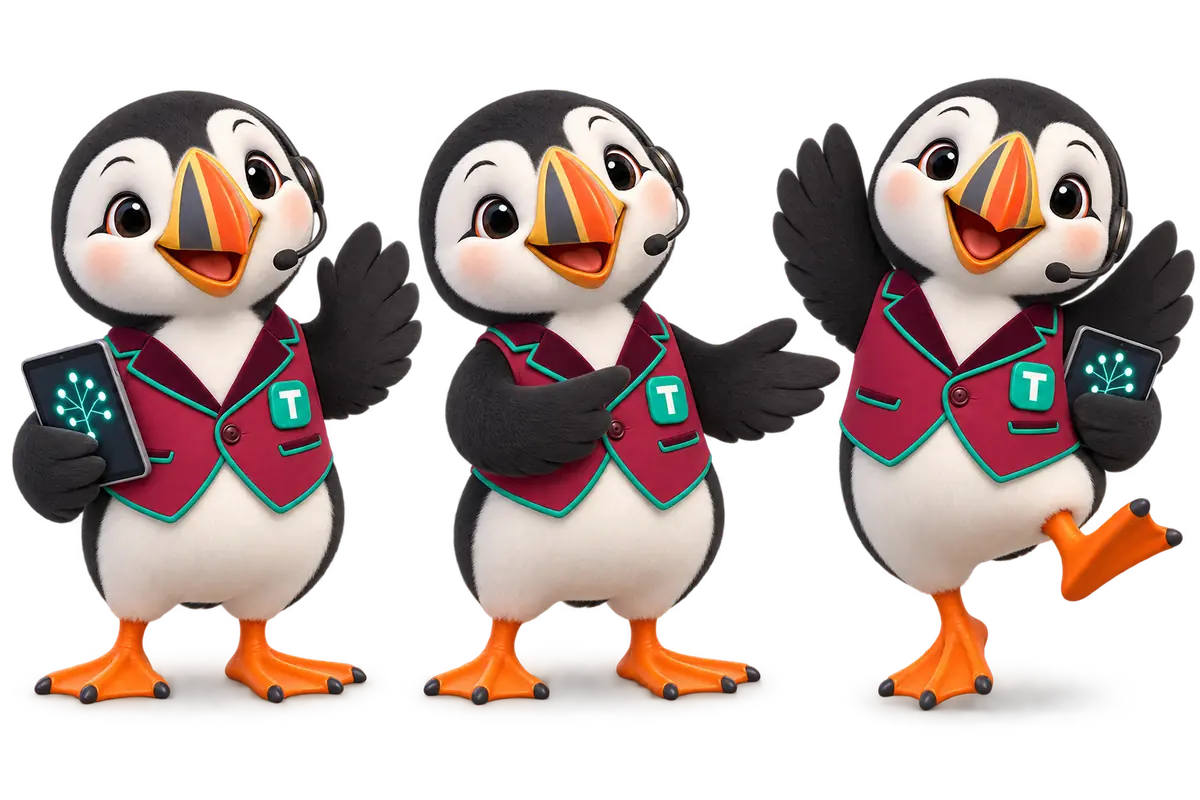 Tolly the puffin in three poses: waving hello, presenting, and celebrating